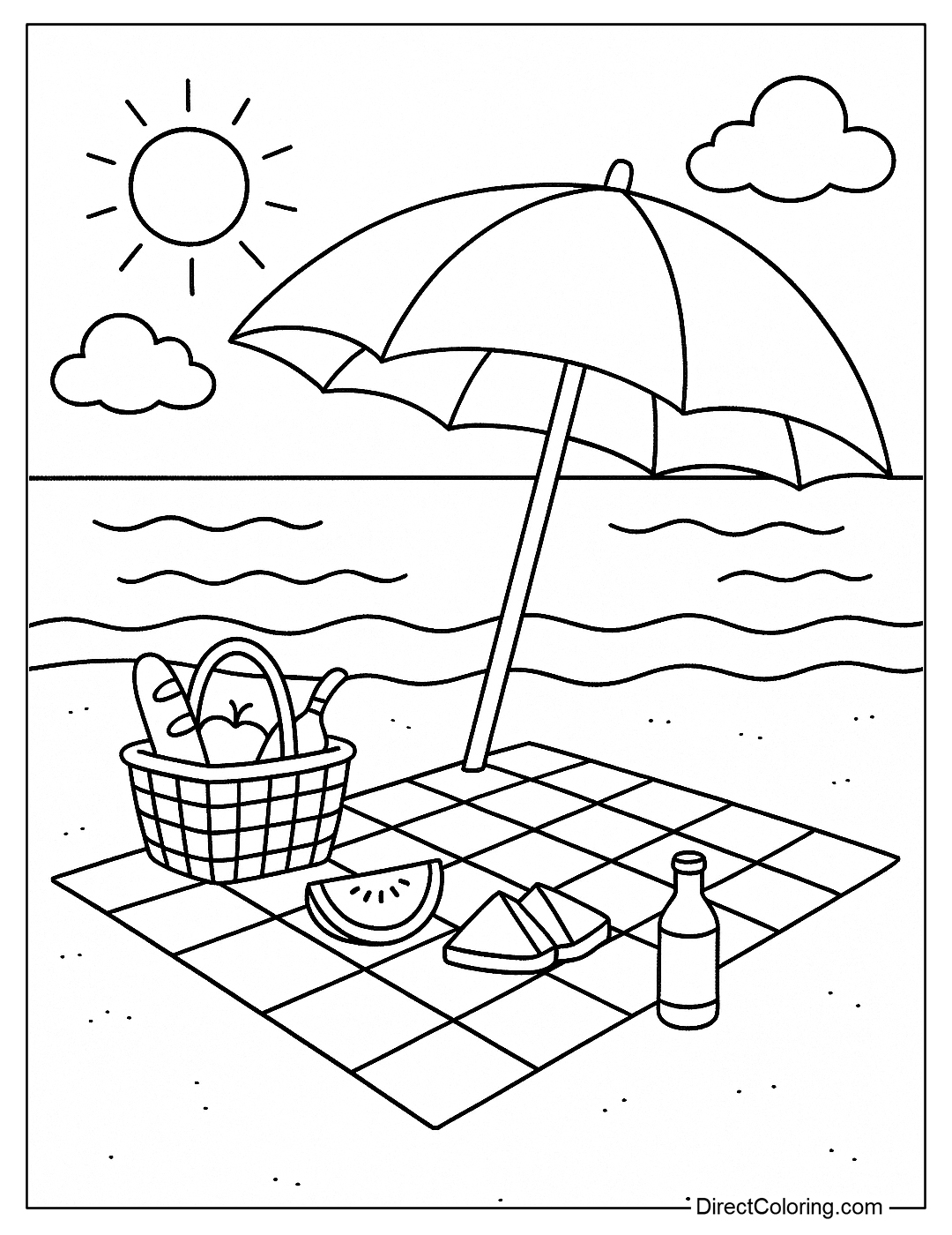 a coloring page of a picnic on the beach, with an umbrella, a food basket, and a towel